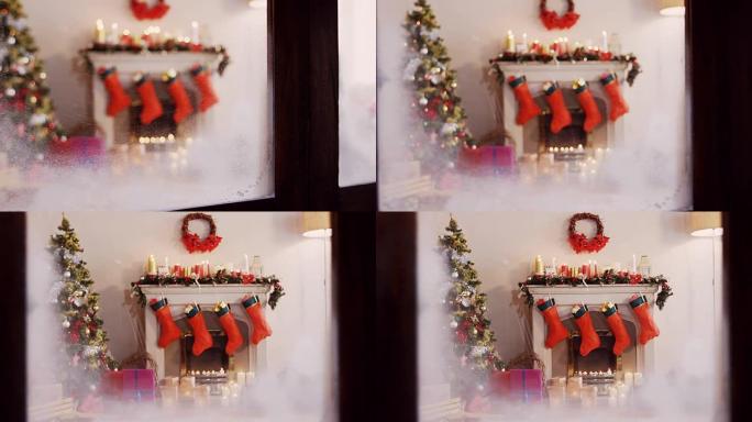 从窗户看圣诞树和装饰