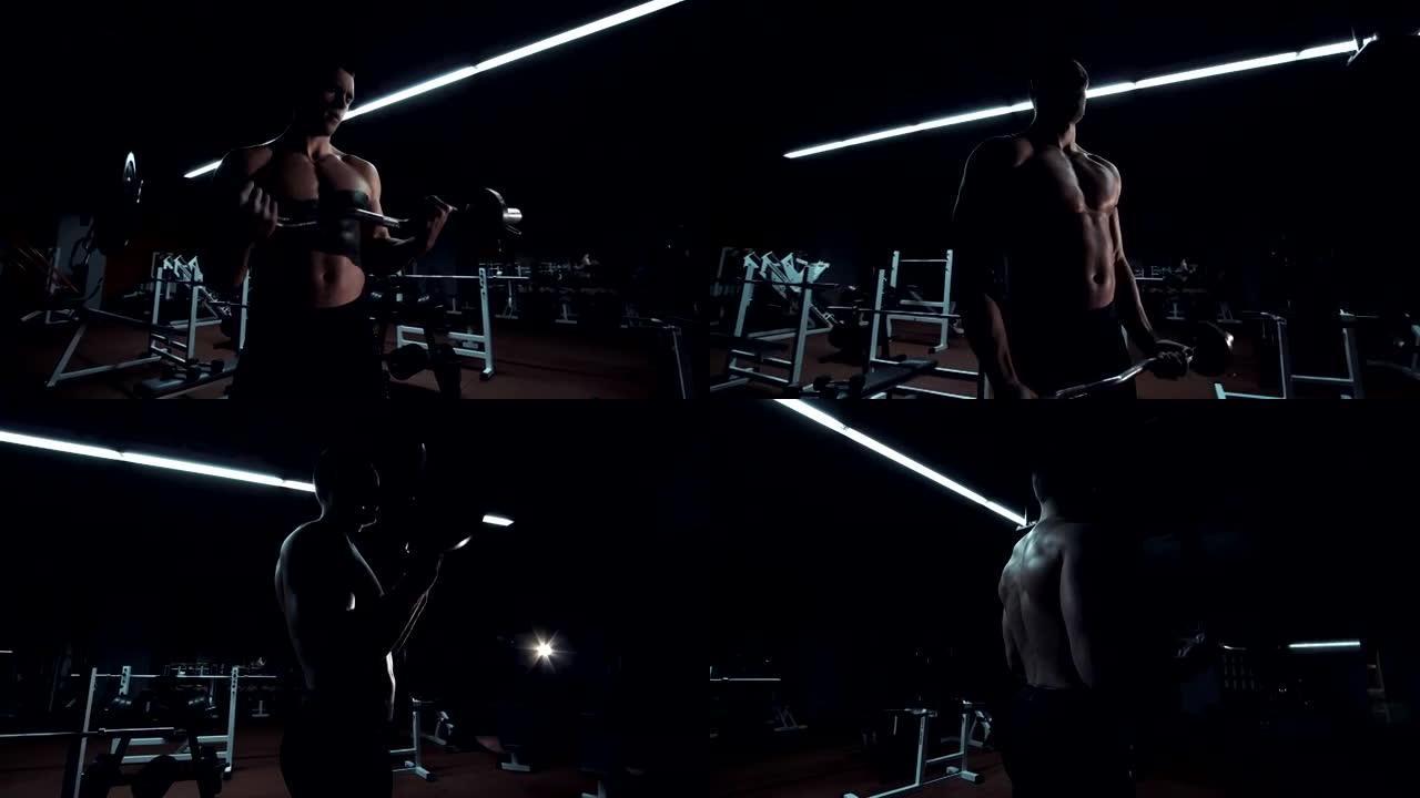 一个肌肉发达的男人在健身房做健身训练