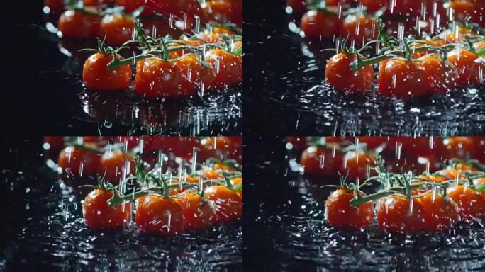 落在樱桃番茄上的水滴