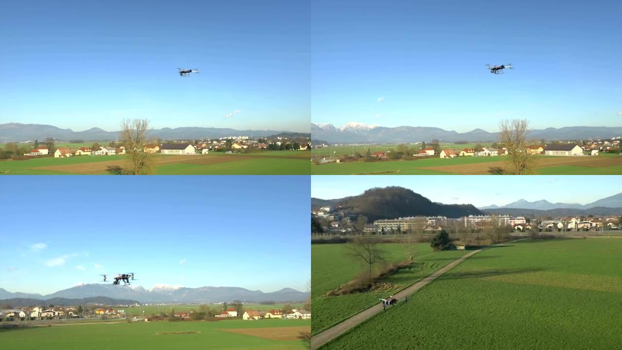 空中: 六架直升机飞行并拍摄自然