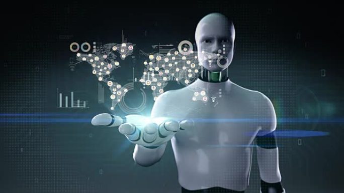 机器人，机器人开放手掌，连接世界的人，使用通信技术。4k大小的电影，带经济图表。社交媒体。