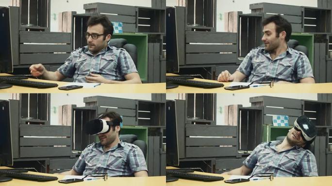 工作日后，布鲁内特人写作，使用平板电脑并戴vr眼镜