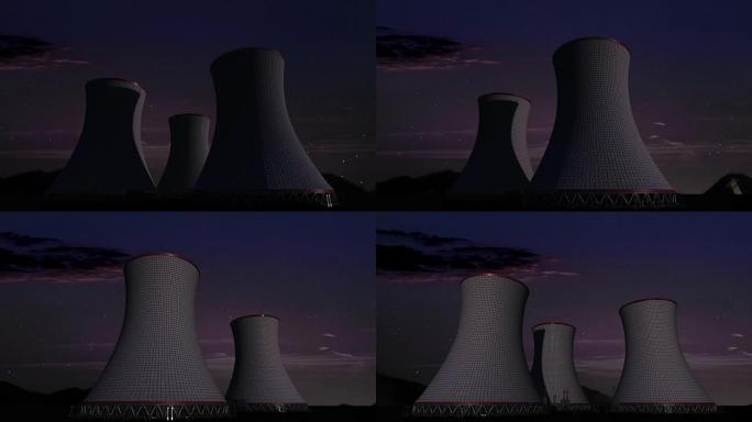 核电站冷却塔，火力发电厂，夜景图像。