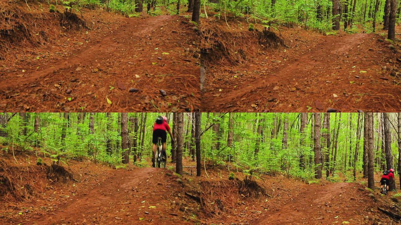 山地自行车泥土在森林里跳跃。年轻健康的人骑山地自行车。户外活跃的夏季生活方式。斯蒂安卡姆开枪。