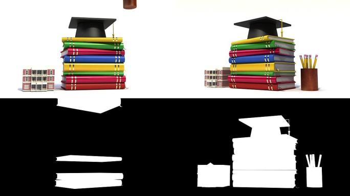 一大堆带毕业帽的书，校舍。