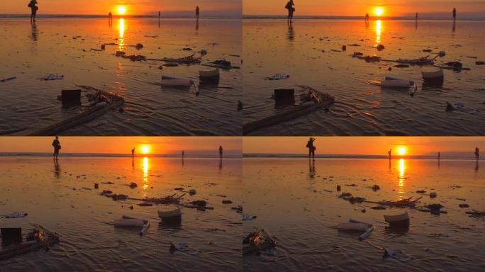 关闭巴厘岛肮脏污染的库塔海滩上的垃圾、污秽和垃圾