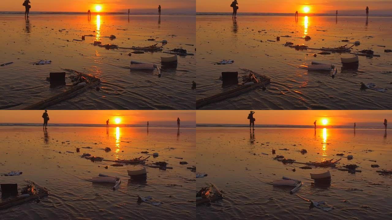 关闭巴厘岛肮脏污染的库塔海滩上的垃圾、污秽和垃圾
