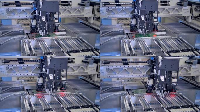 自动化机器人制造PCB，现代化设备。4K。