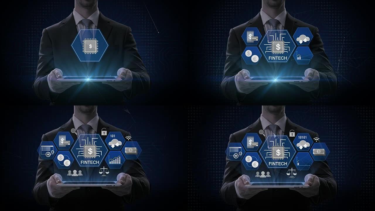 商人举起智能平板电脑，平板电脑，Fin-tech图标和各种图形。未来的金融技术。4k电影。版本3。