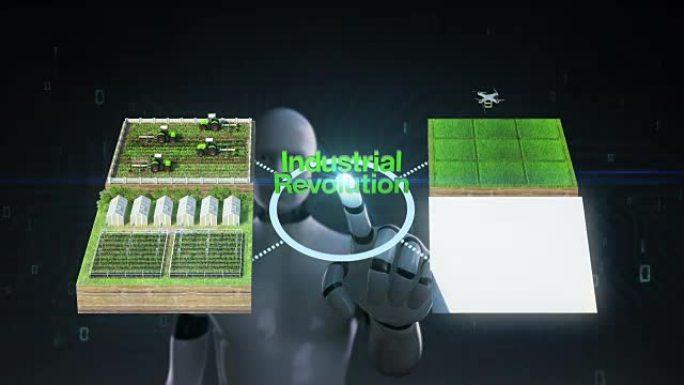 机器人，机器人触摸 “工业革命” 技术，智能农场，传感器连接乙烯基房子，温室。连接物联网1。