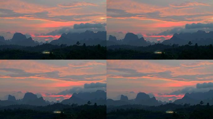 泰国考索克国家公园的日落山景。平移镜头
