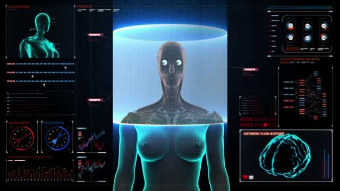 数字显示仪表板中的女性人体扫描人眼系统。