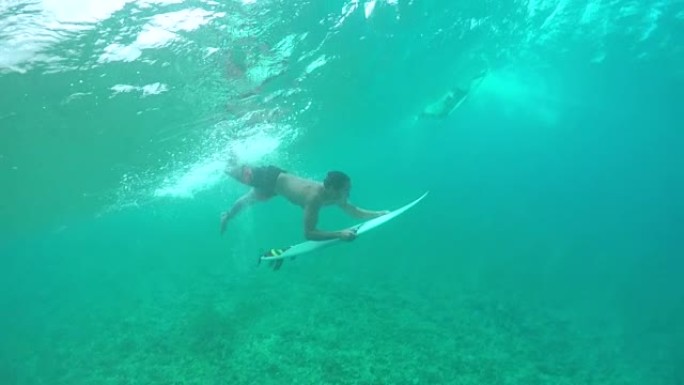 水下慢动作: 极端职业冲浪者鸭子潜水大浪