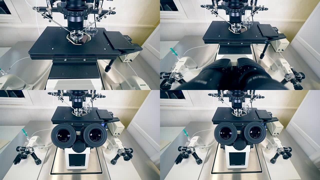 站在现代医学显微镜内的培养皿。