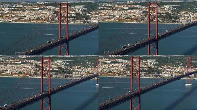 葡萄牙里斯本塔霍河上的桥25号 (4月25日桥)。全景拍摄。4K, UHD