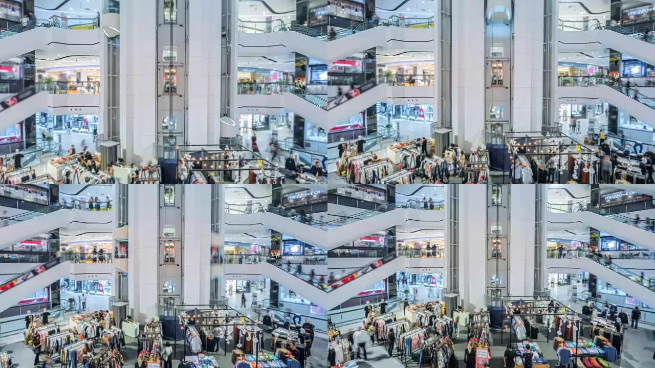 购物中心使用自动扶梯和电梯和购物的人的4k时间流逝
