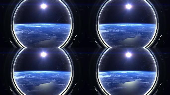 从国际空间站的窗户看到的地球。国际空间站。飞走了。现实的氛围。体积云。从太空看。星星闪烁。太空，地球