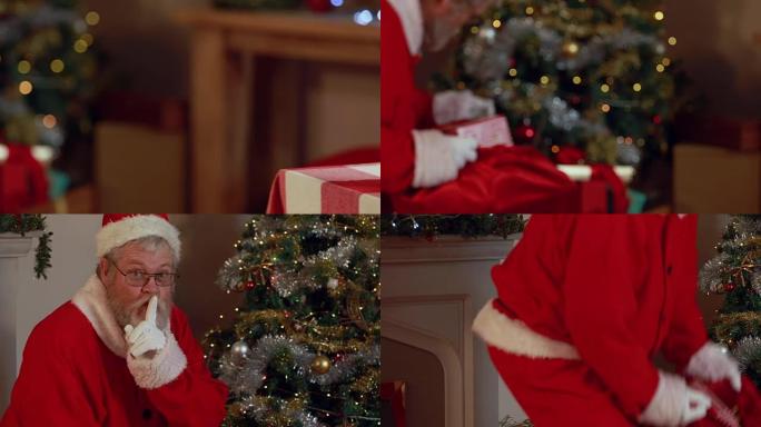手指放在嘴唇上的圣诞老人把礼品盒放在圣诞袋里