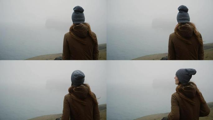 戴着帽子的年轻女子站在海边思考一些事情，探索冰岛的背景图