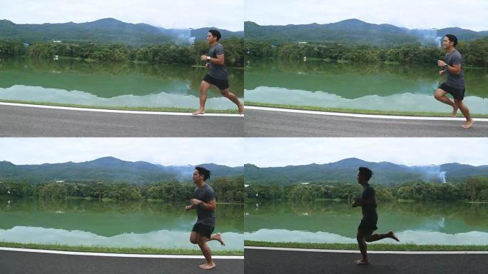 亚洲男子赤脚奔跑