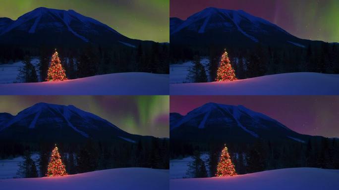 北极光下户外发光的圣诞树