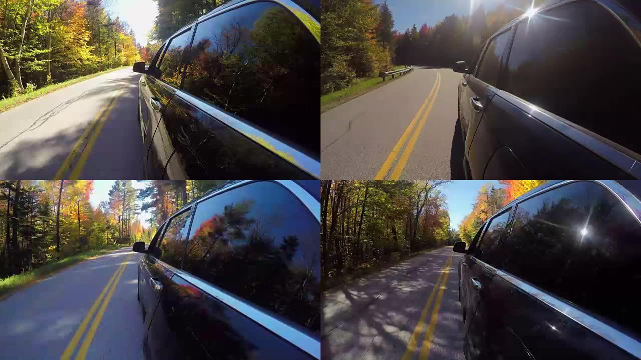 HYPERLAPSE: 秋季艳阳天空旷的森林路上行驶的SUV汽车