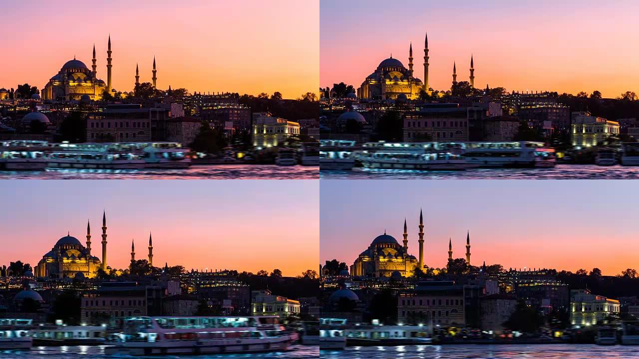 伊斯坦布尔城市景观的时光倒流与苏莱曼清真寺，旅游船在夜间漂浮在博斯普鲁斯海峡