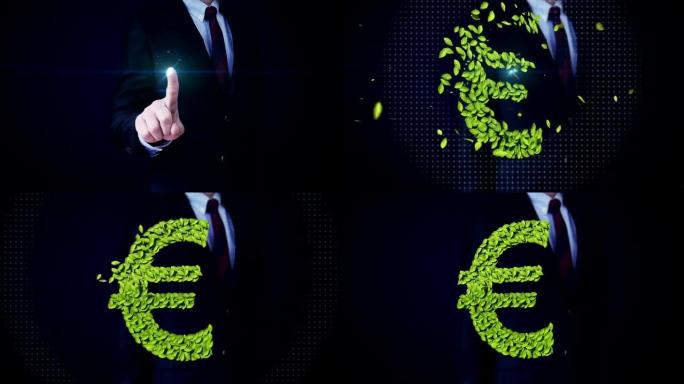 商人触摸绿叶欧元货币标志，由树叶制成。