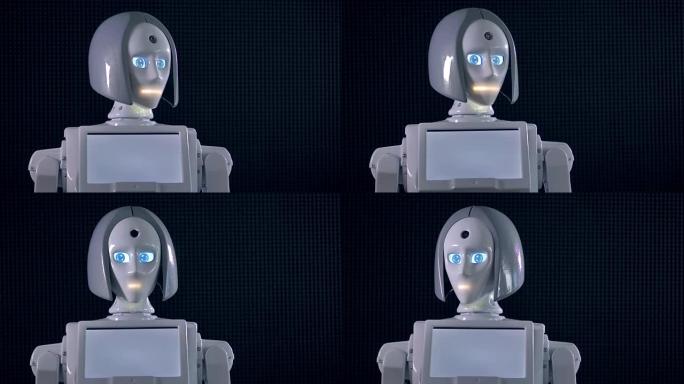 白色机器人移动头部并激活眼睛和嘴巴的指示器。4K。