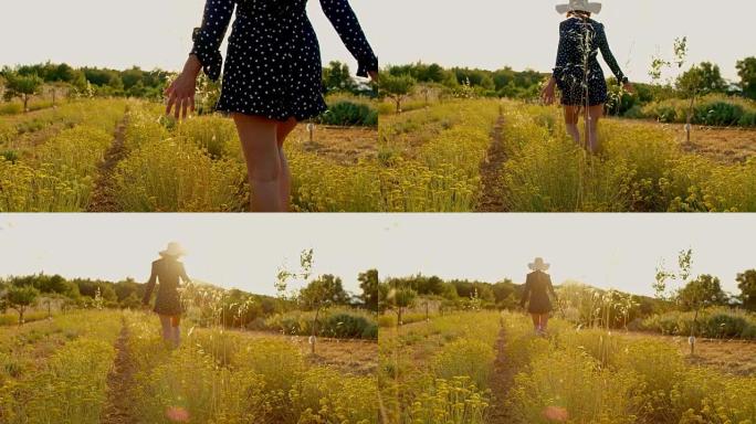 穿着衣服和遮阳帽的女士在阳光明媚，田园诗般的乡村田野中行走