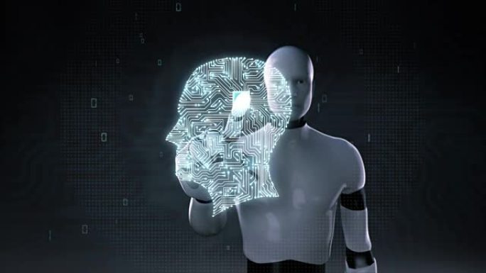 机器人，机器人触摸大脑，连接大脑形状电路板，4k电影。增长人工智能1