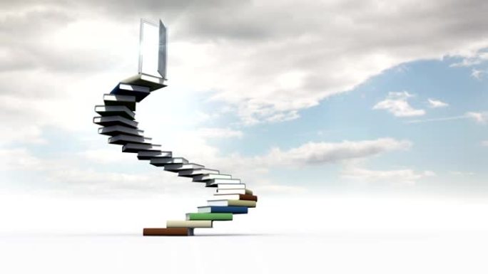 在多云的天空中由书籍制成的台阶