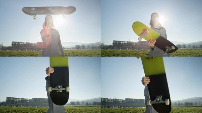 特写: 溜冰者将溜冰鞋抛向空中，将其推到阳光下的相机中