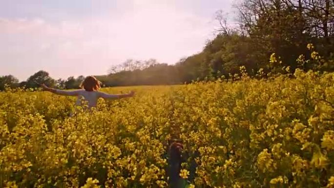 SLO MO女人和她的狗在油菜田里奔跑