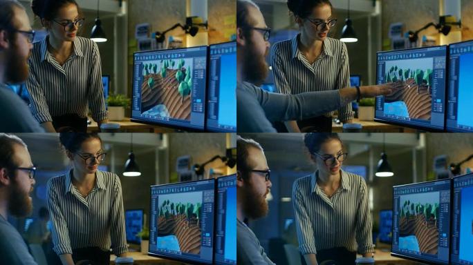 男性游戏开发者与艺术女性关卡设计师交谈。两个显示器显示完全原始的游戏。他们在创意办公阁楼工作。