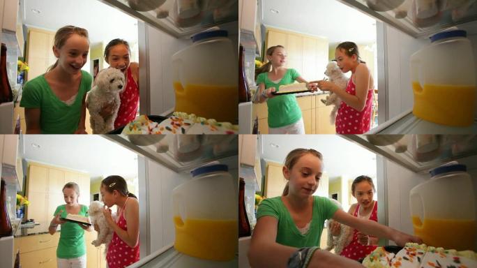 年轻女孩和宠物狗从冰箱里偷蛋糕