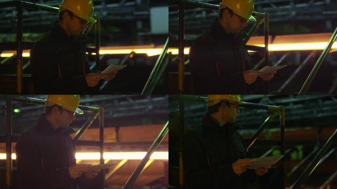 安全帽工作的技术人员在铸造厂进行质量控制。工业环境。
