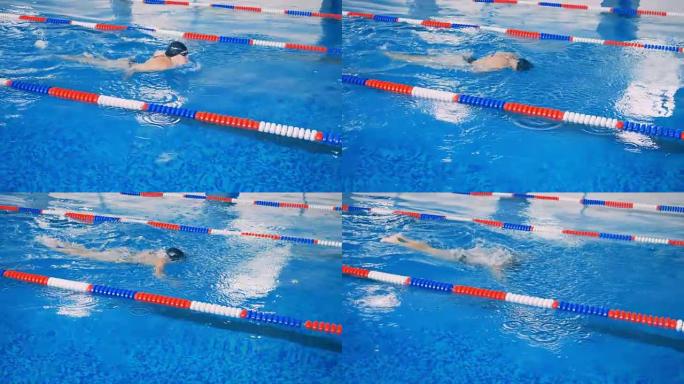 运动员在游泳池里训练。