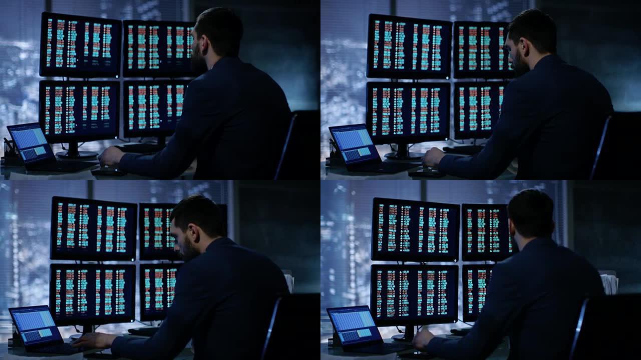 深夜交易者在他的多个显示器上读取数字，并在其上显示股票信息。在背景大城市窗口视图中。