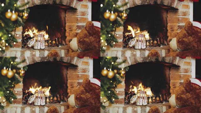 舒适的圣诞壁炉旁的4k泰迪熊，实时