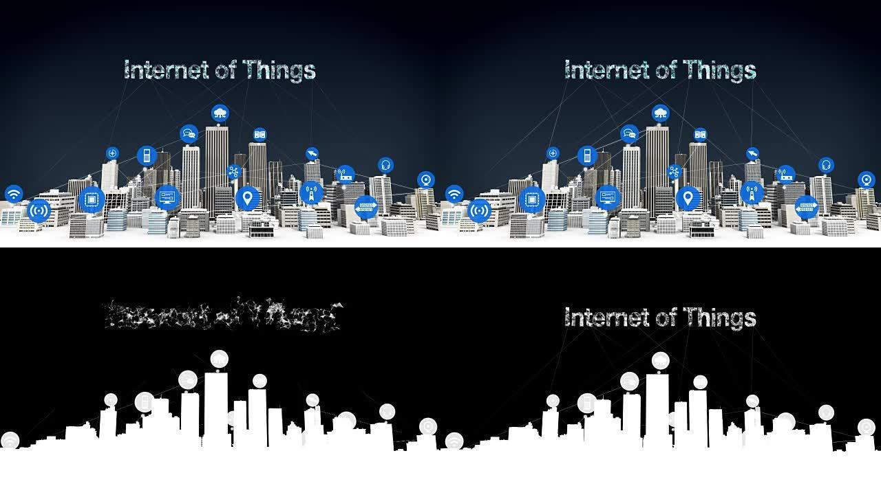 智能城市上的事物传感器图标，连接网格错字 “物联网” 概念。