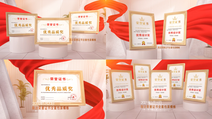高端大气红绸荣誉专利资质证书奖牌展示