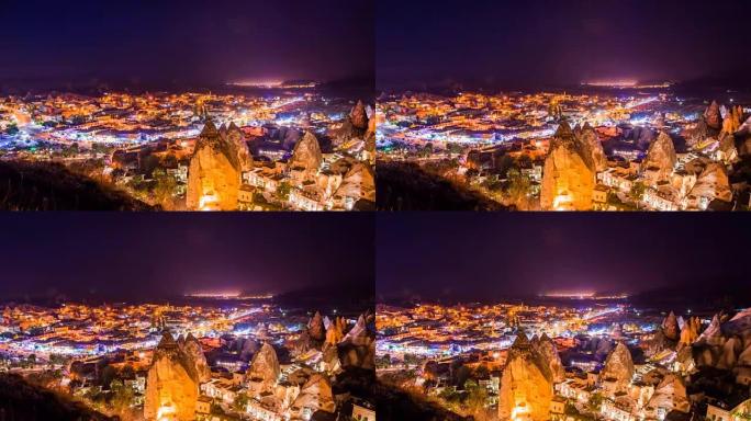 土耳其晚上卡帕多西亚Goreme村的Pan Timelapse视图