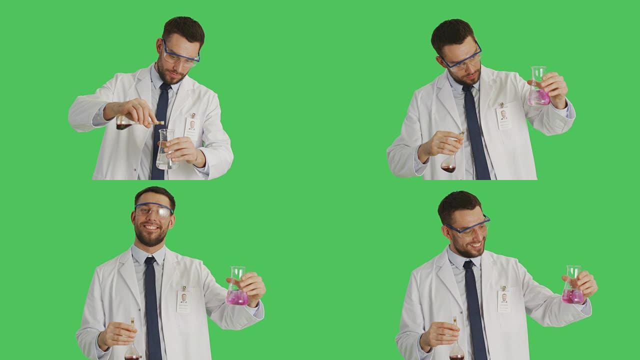 一位英俊的科学家戴着防护眼镜，在烧杯中混合化学物质。背景是绿色屏幕。