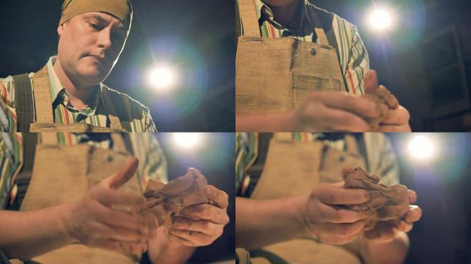 陶工揉捏粘土时的脸和手的视图。
