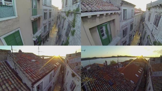空中: 地中海古城的狭窄街道