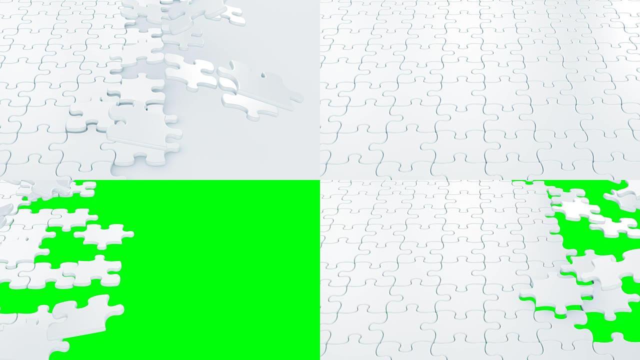 白色拼图碎片从左到右落在桌子上的3d动画。对过渡很有用。绿屏。阿尔法面具。