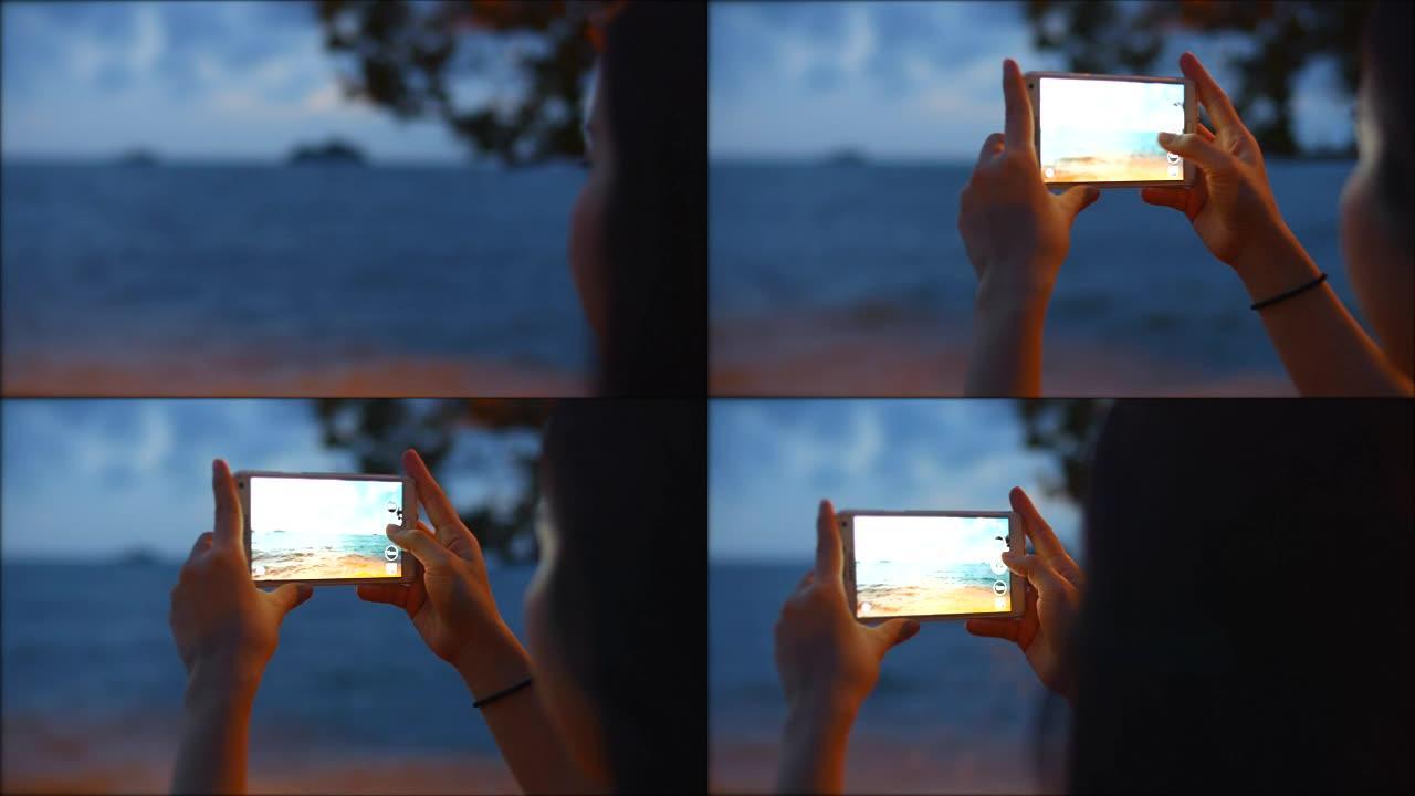 女人在黄昏拍照