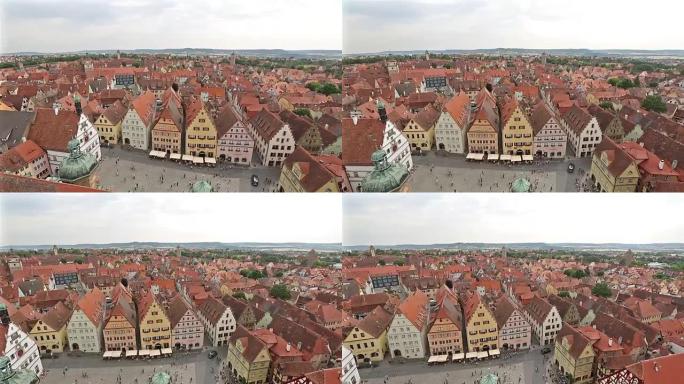 平移镜头: 空中行人拥挤的Rothenburg ob der Tauber Bavaria，德国