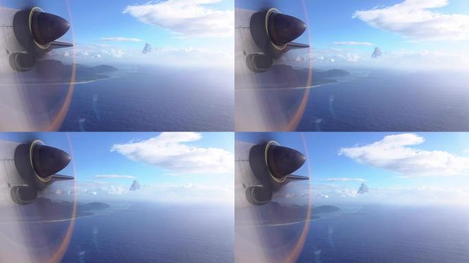 4k特写: 太平洋上空美丽的夏日，螺旋桨飞机在田园诗般的环礁岛上飞行